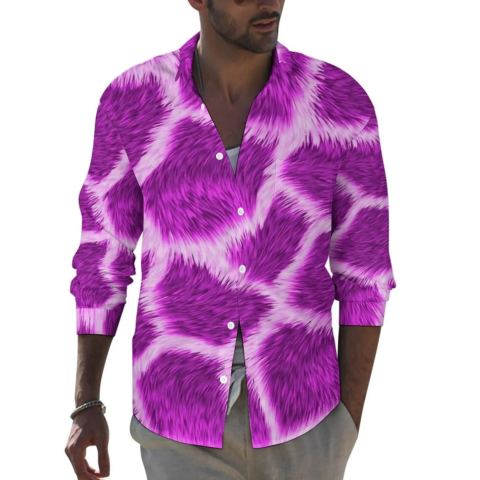

Fuchsia Giraffe Print Funny Casual Shirt Mens Animal Shirt Autumn Loose Blouses Long Sleeve Design Oversized Clothing