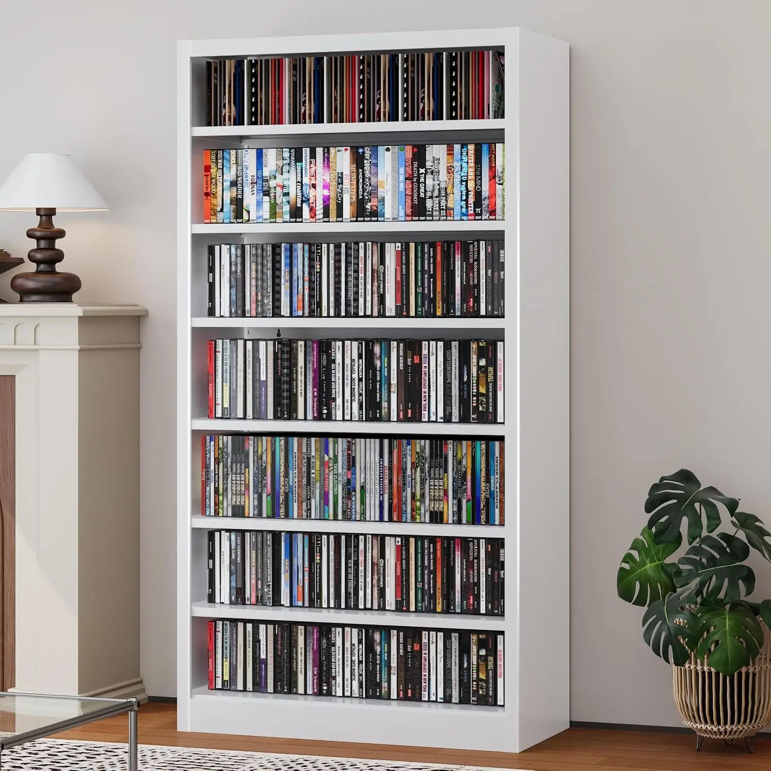 Metal DVD Storage Cabinet White 7-Tier Adjustable Shelf CD Rack Book Game Holder Living Room Home Office, Customized