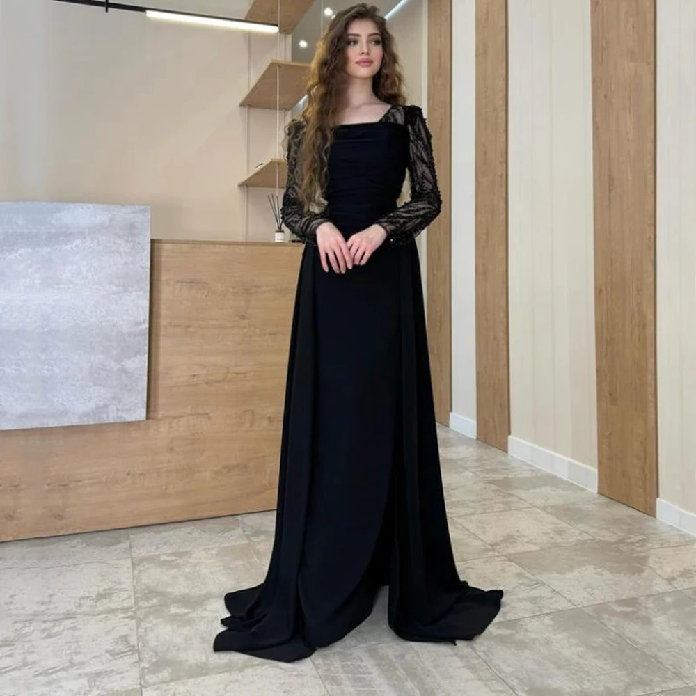 

Customized Luxury Black Square Collar Sequined Evening Gown for women Appliques Pleat Satin Floor Length Elegant Party Dresses