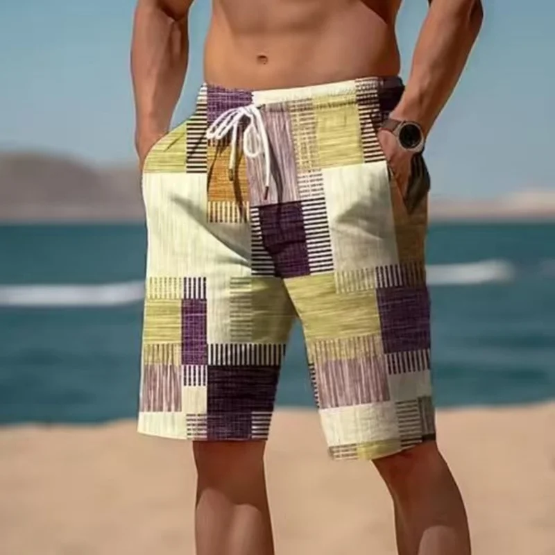 

Мужские спортивные шорты, пляжные шорты, цветные кирпичные шорты, эластичный пояс на шнурке, узор с 3D-принтом, шорты с клетчатым принтом