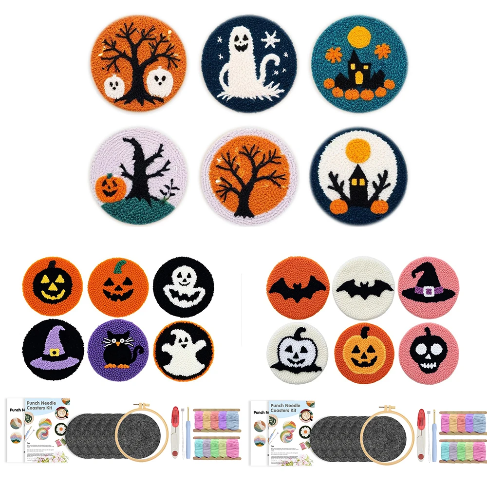 GATYZTORY DIY Punch Needle Pumpkins Coasters Kit DIY 6pcs Halloween Ghosts Punch Needle Embroidery Coaster Set Unique Art Gift