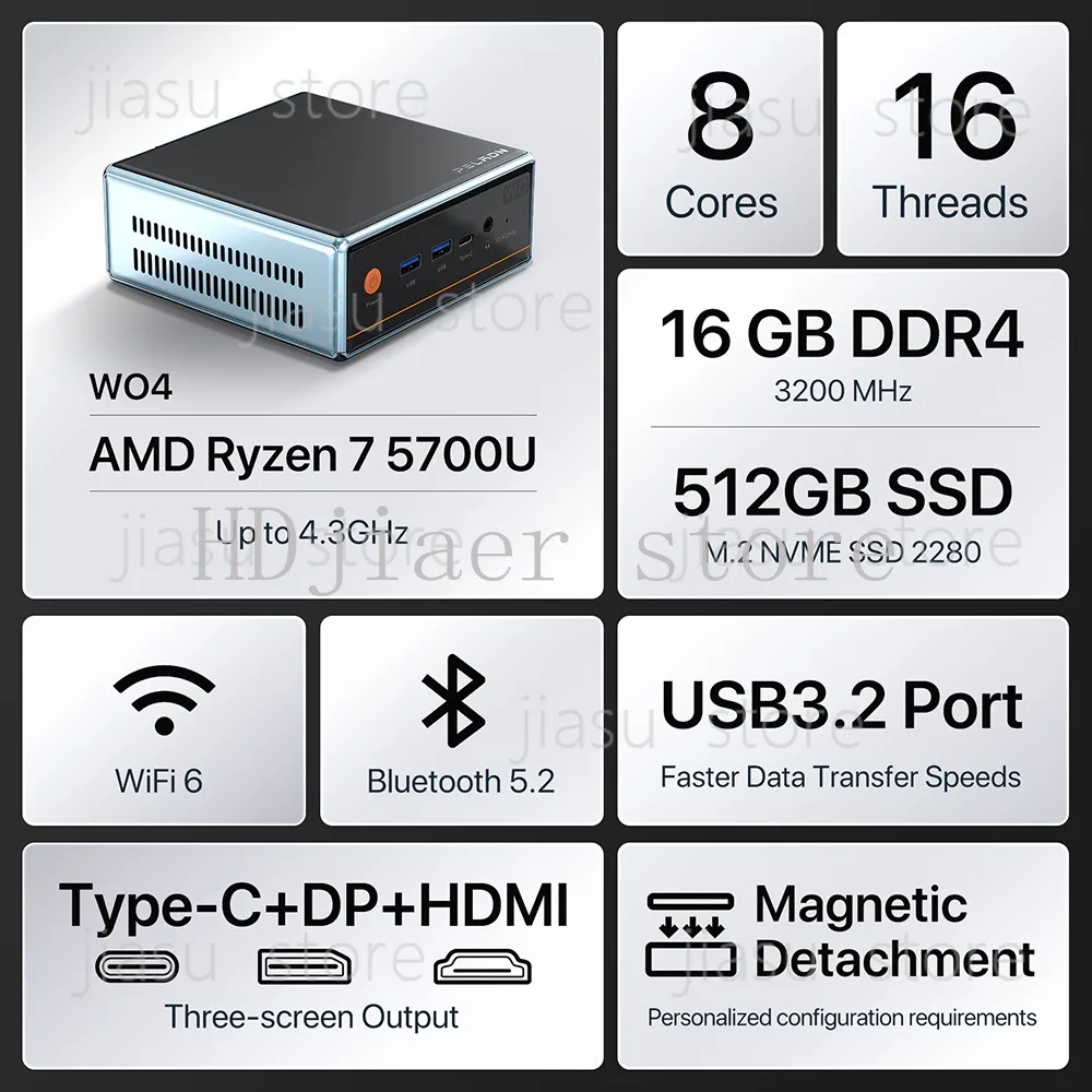 새로운 오리지널 AMD Ryzen 7 5700U 게이밍 미니 PC – DDR4 16GB 512GB SSD, Wifi 6.0 BT5.2, 휴대용, Windows 11 호환 썸네일 3