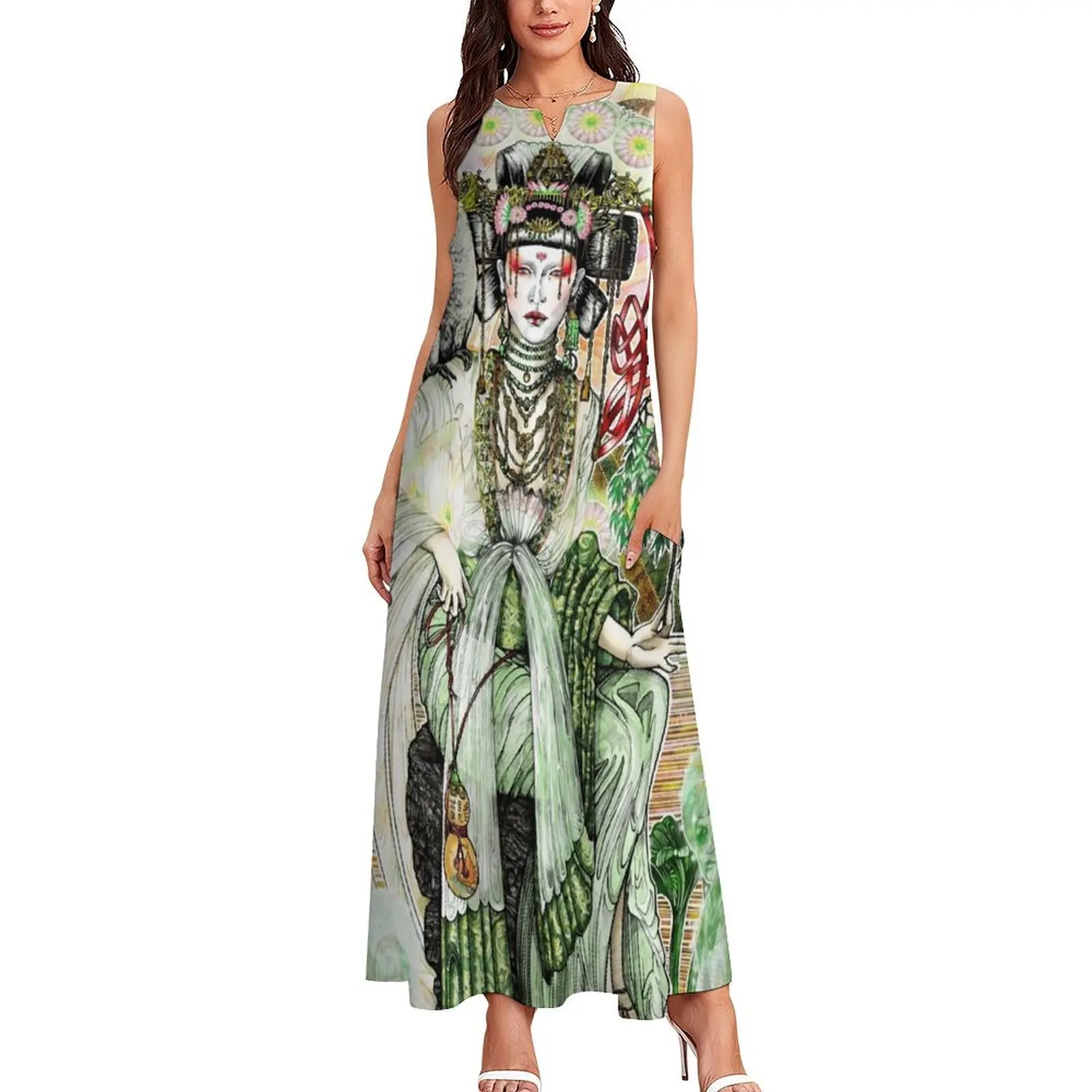 Quan (Kwan) Yin 'The Green Tara' Buddhist Goddess of Mercy Full Colour Illustration Long Dress elegant dress