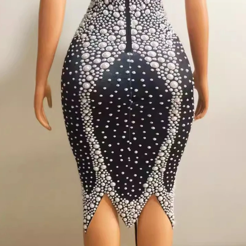 진주 우아한 민소매 라인 석 진주 파티 드레스 스파클링 이브닝 칵테일 파티 베스 티드 Organza Mujer Robes Bal De Promo