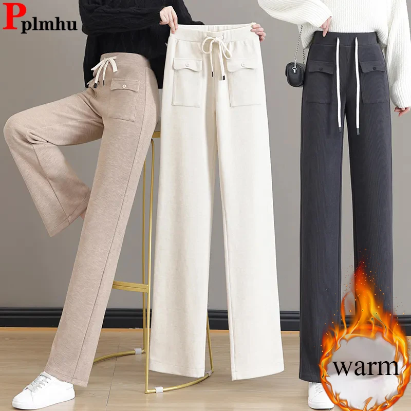 

Winter Warm Women Loose Wide Leg Pants Thicken Elastic High Waist Velvet Lined Straight Pantalones Casual Snow Wear Calca New