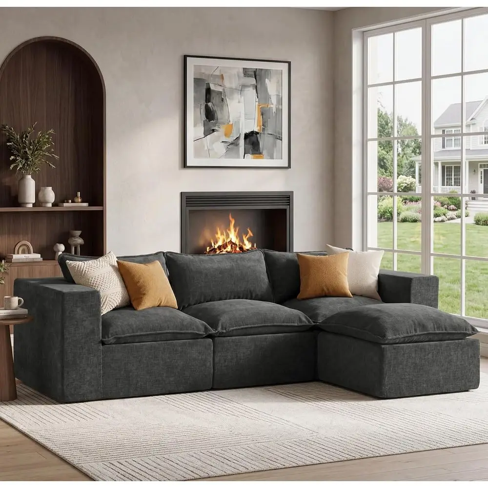 

101 Grey L-Shaped Sleeper Sectional Couch with Ottoman, No Assembly Required