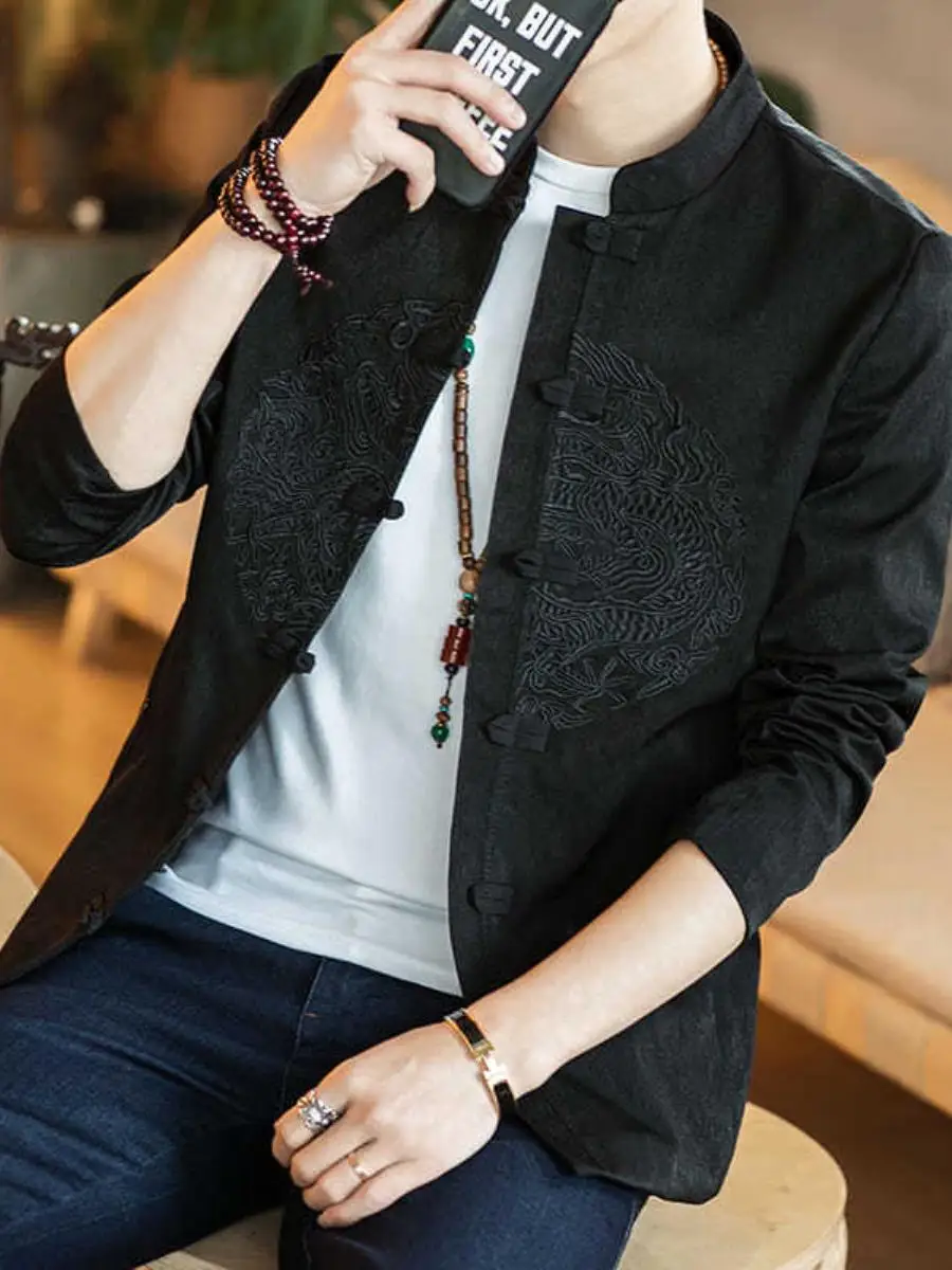 

Red Embroidered Slim Fit Jaet with Button Casual Chinese Sle Men's Faion Outerwear Breathable Stand Fit Autumn Coat