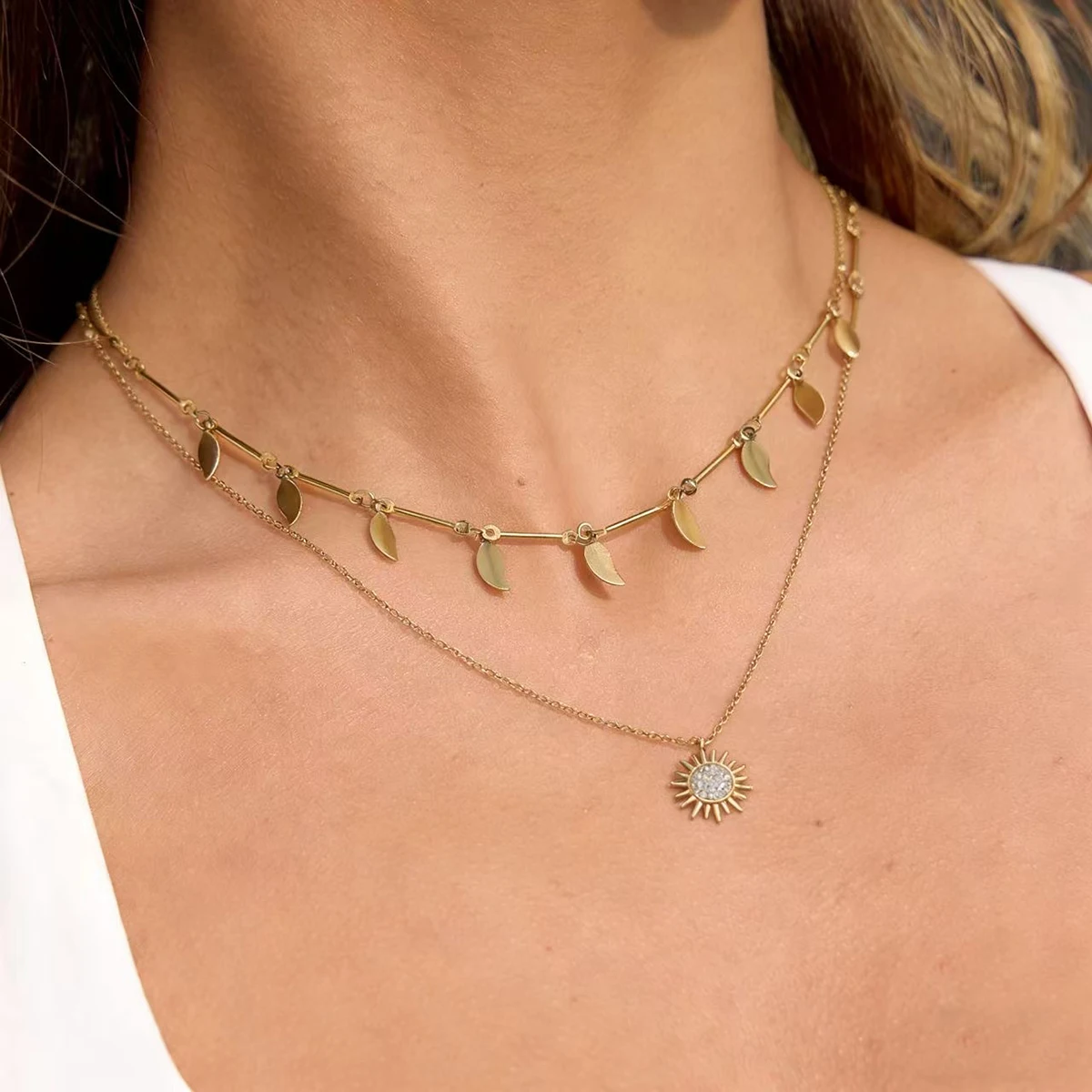 

WILD & FREE Stainless Steel Layered Necklace for Women With Leaves Sun Charms Exquisite 18K Gold Plated Trendy Jewelry