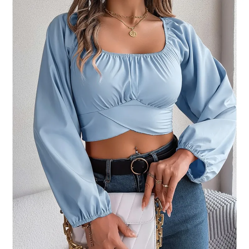 Autumn Leisure Lantern Sleeves Lace Up Chiffon Blouse Woman Slim Solid Color Crop Tops Lady Long-Sleeved Backless Shirts Femme