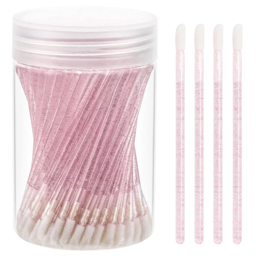 100 Pcs Disposable Lip Brushes in Crystal Pink, Complete with Storage Container