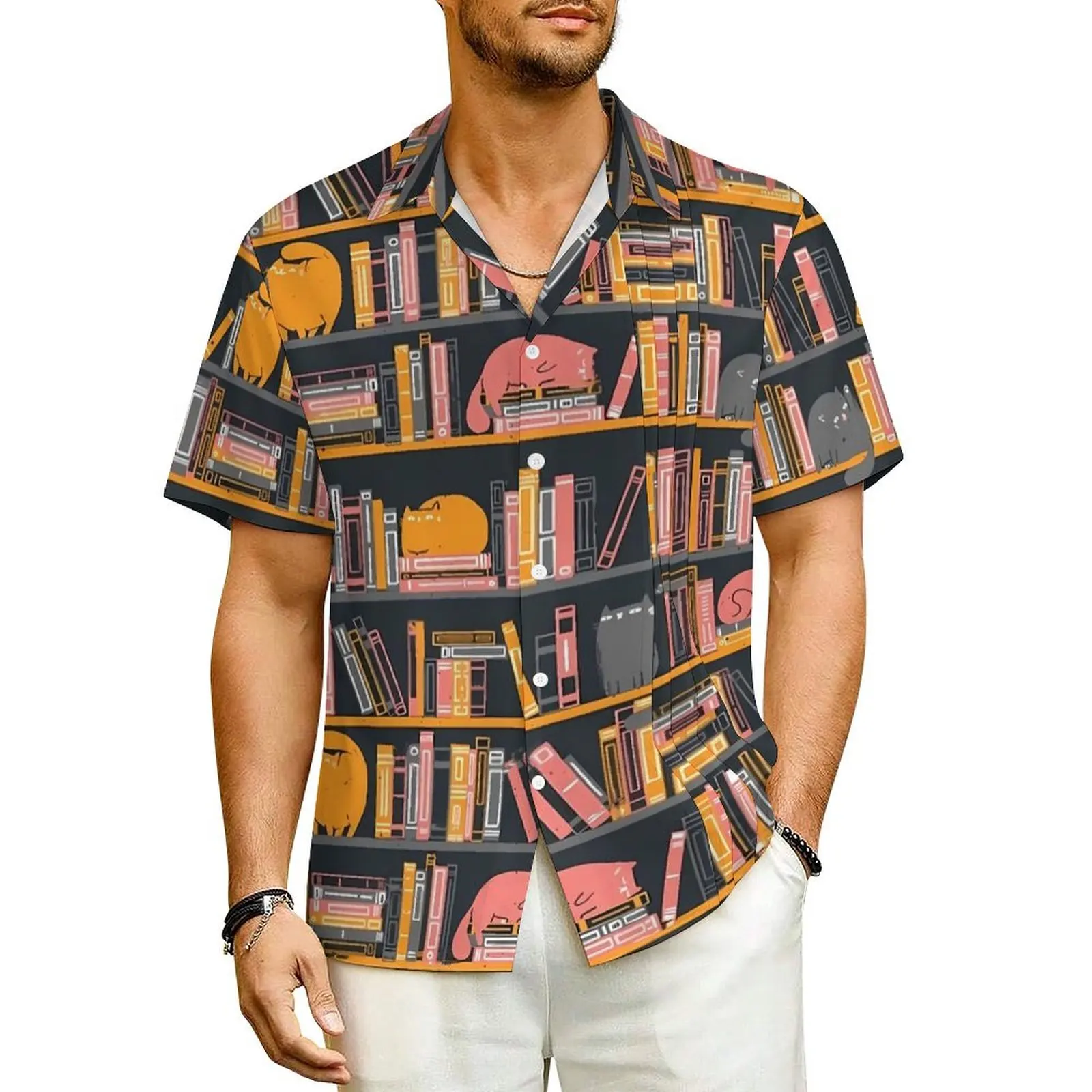 

Library Cats Beach Shirt Cute Animal Hawaii Casual Shirts Men Retro Blouses Short Sleeve Comfortable Design Clothes