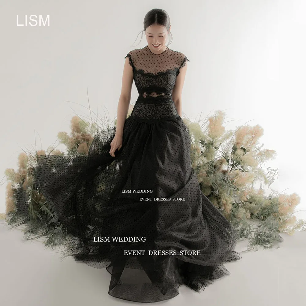 

LISM Vintage Black Dotted Tulle Korea Evening Party Dresses Photos Shoot Cape Sleeve Illusion Long Floor Length Formal Dress