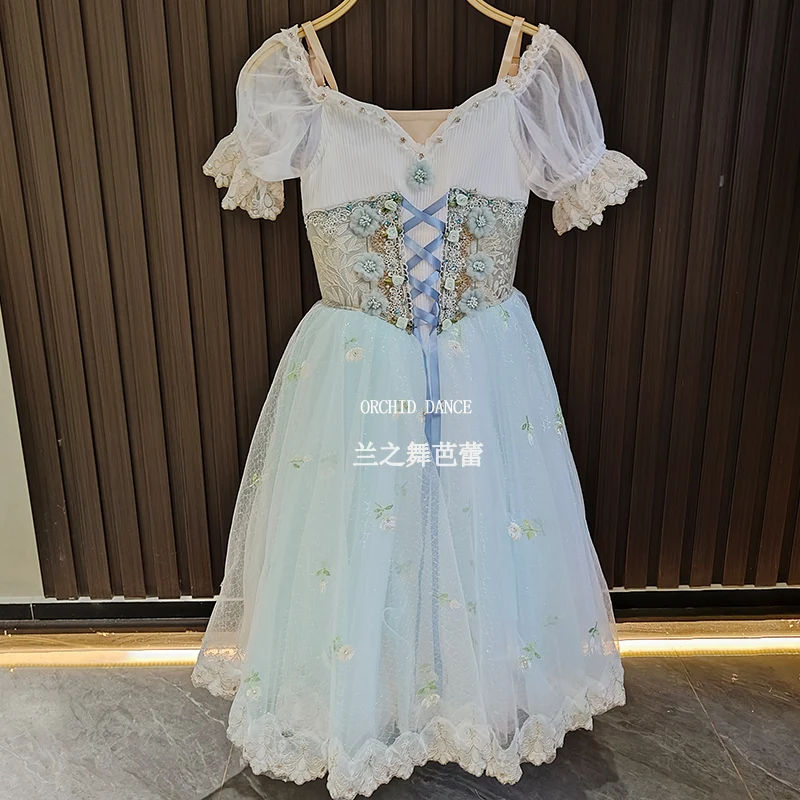 BT250620 ชุดบัลเลต์เด็กผู้หญิงคุณภาพสูง ขนาดสั่งทำพิเศษ สำหรับการแสดง ชุดกระโปรงบัลเลต์สีน้ำเงินยาวสไตล์โรแมนติก