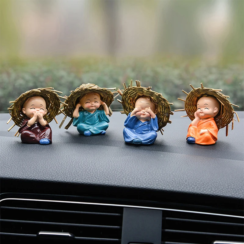 New 4Pcs Cute Straw Hat Monks Buddha Statues Creative Buddha Dolls Table Car Decoration Resin Crafts Gift Little Monk Sculptures