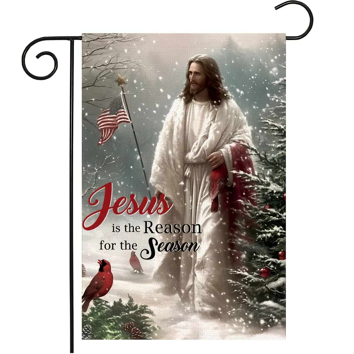 Linen Jesus Garden Flag Linen Jesus is the Reason Garden Flag 12x18 Inch, Red Bird Design, Winter Christian Home Yard