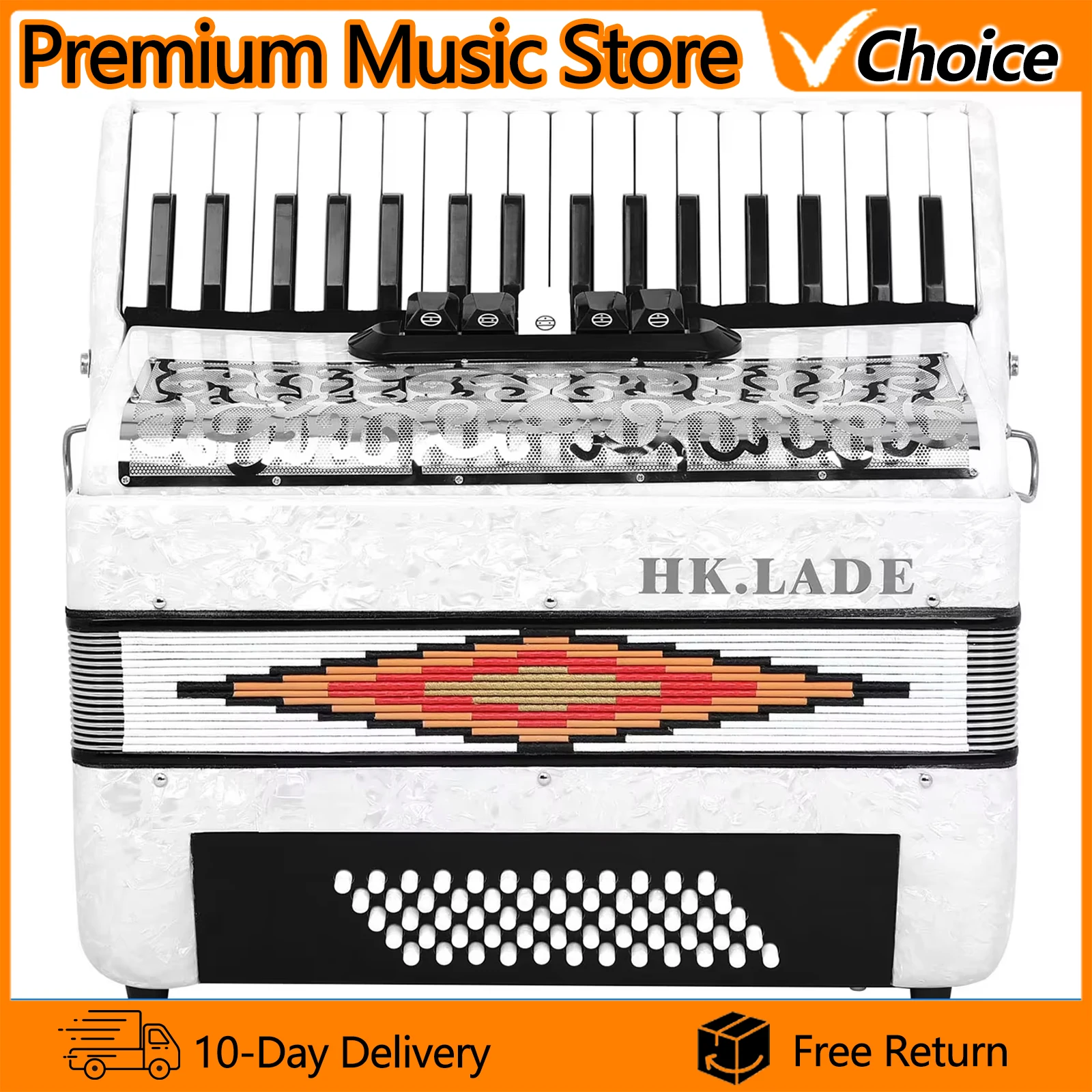 HK-LADE AH-230 White Accordion 34 Key 60 Bass Professional Keyboard Voice Changing Bayan Accordion for Performance  ﻿
