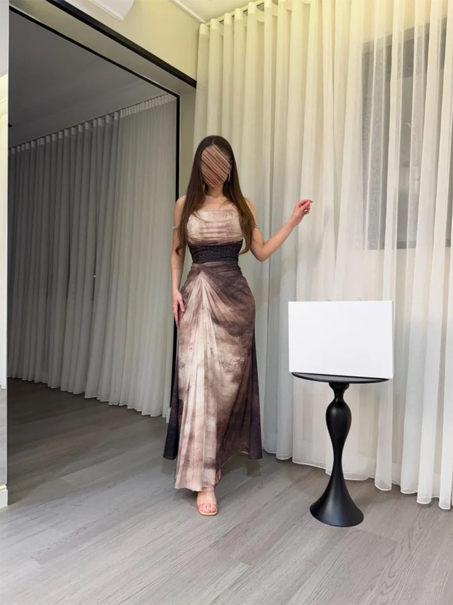 Customized Elegant Gradient Print Spaghetti Strap Ankle Length Dress Women Ruched Waist Sleeveless Formal Evening Party Cocktail