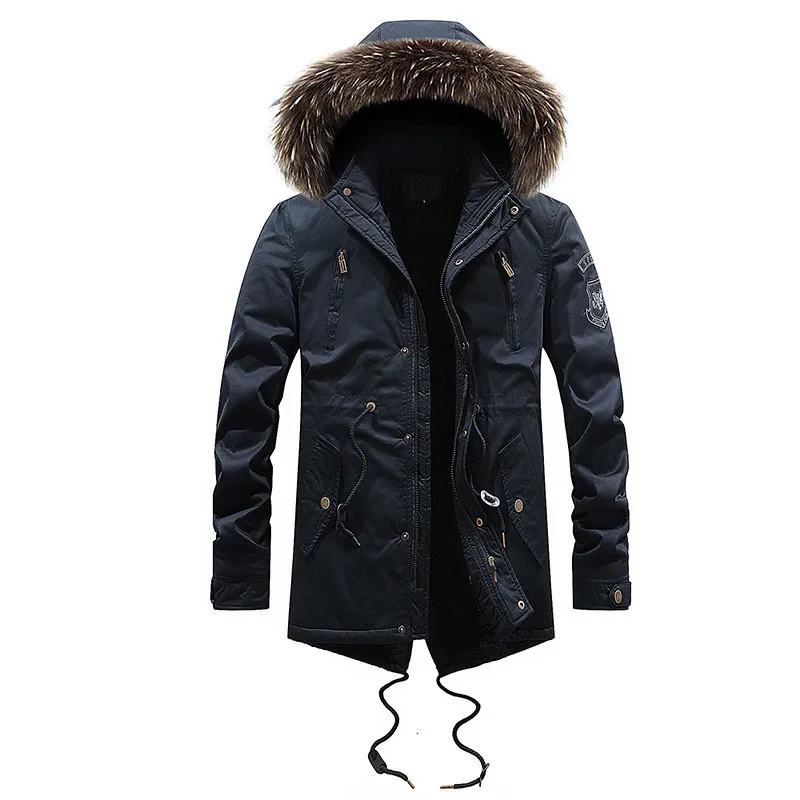 Praticidade homens jaqueta de inverno militar algodão casaco casual pele capuz velo engrossar parka outwear quente longo blusão para o pai