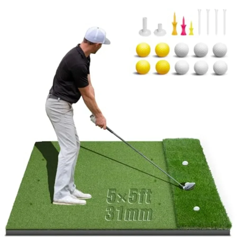 

Dual-Turf Golf Mat 31mm: 5X5ft Extra Large Golf Hitting Mats Practice Outdoor Indoor, High-Density Artificial Turf Matt for Garage Simulator Chipping Driving Training, Ideal Gifts for Men Dad