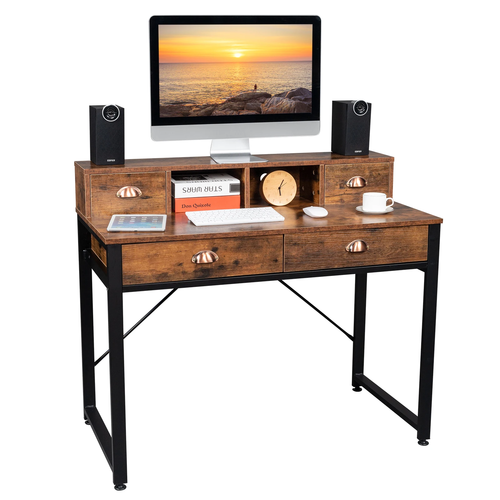 FCH 106*54*90cm Old Wood Table Top Black Steel Frame Particle Board Two Small Drawers Two Large Drawers Computer Desk Table