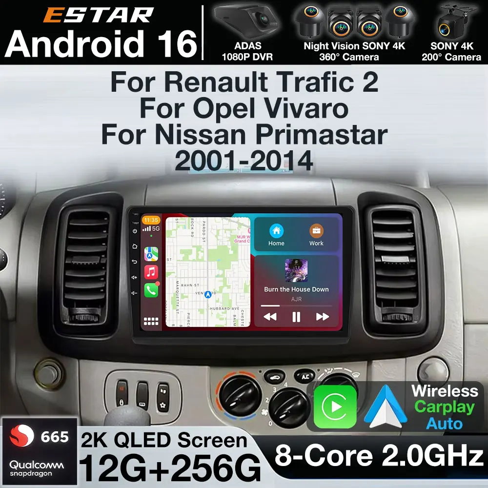 Android 16 Carplay para Renault Trafic 2, Opel Vivaro A e Nissan Primastar 2001 - 2014, WIFI, Câmera 360, Rádio Automotivo Estéreo.
