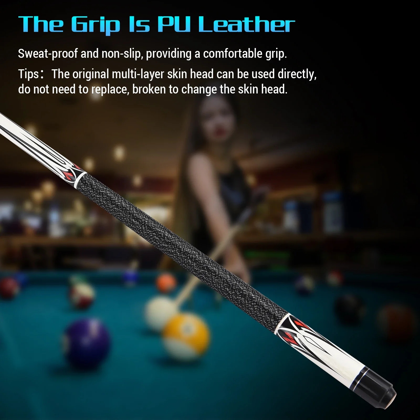 Maple 147cm Pool Cue, 57.9in Double-Section Billiard Stick, 13MM Big Head, Non-Slip Grip for Black Eight Pool