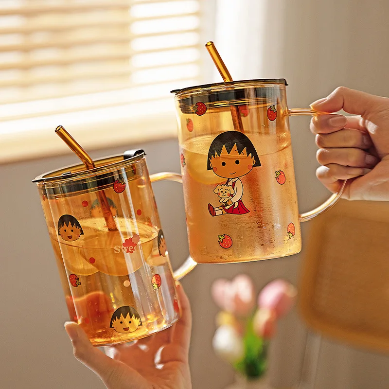 1000ML Kawaii Chibi Maruko-Chan Anime Hobby Cartoon Large Capacity Glass Water Cup Amber Glass