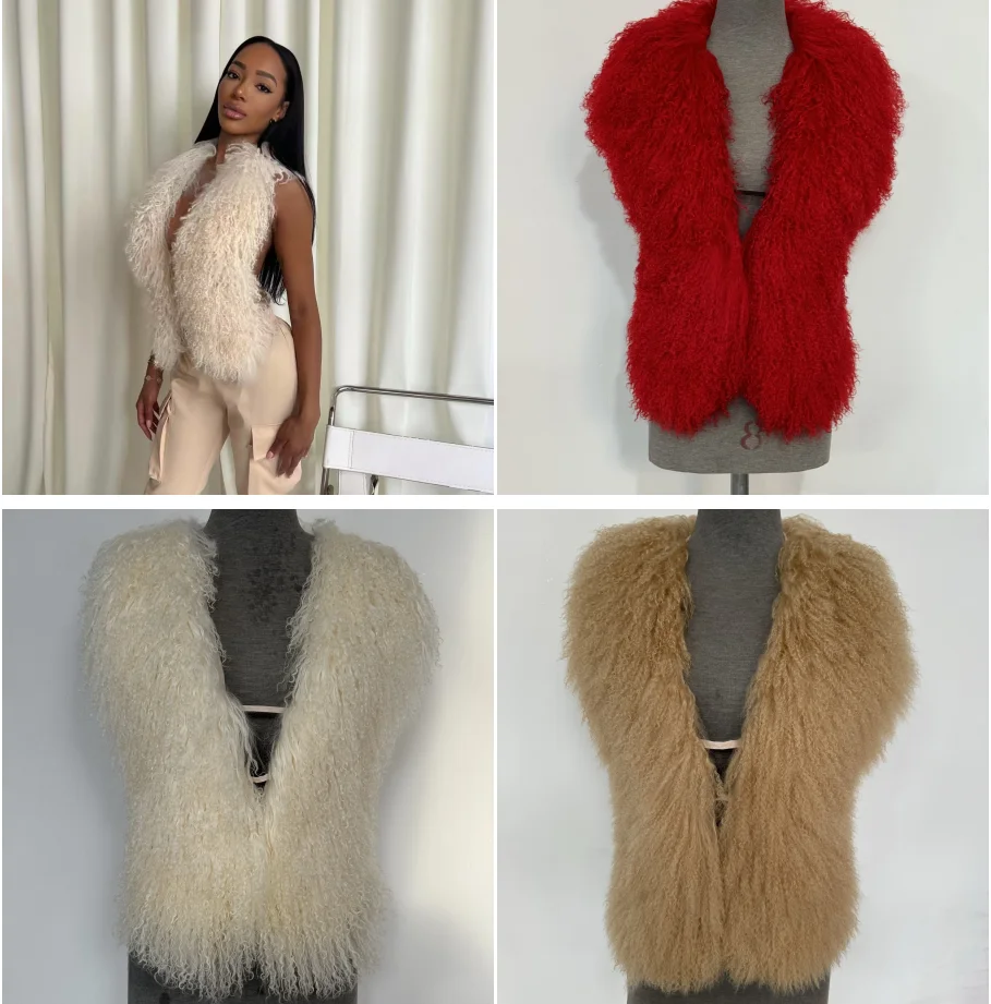 Streetwear Real Mongolian Sheepskin Halfter Fur Vests Women Real Sheep Fur vest