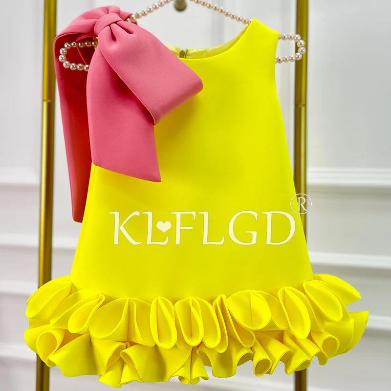 KLFLGD Gorgeous and Exquisite Beauty Pageant Dress, Yellow Sleeveless One Year Old Bow Girl Dress, Wedding Dress