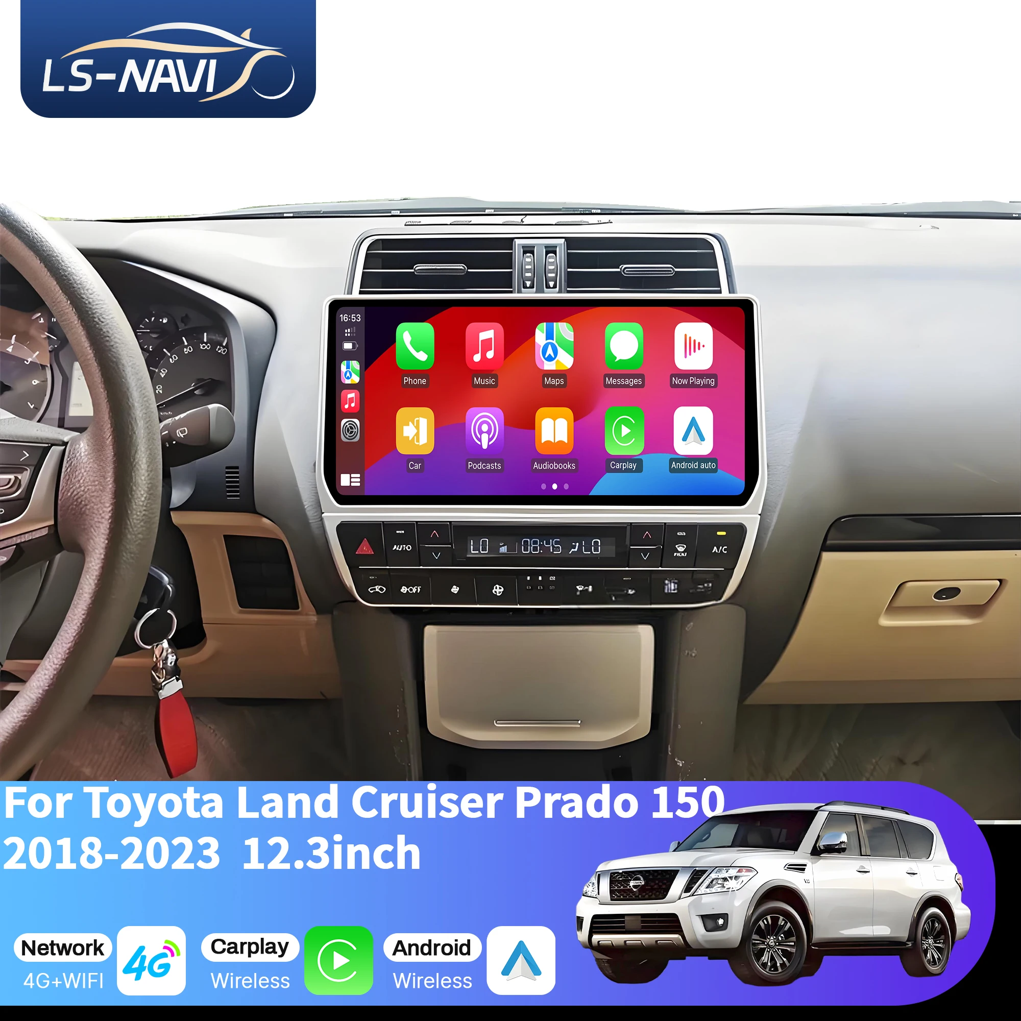 

12.3inch Car Radio For Toyota Land Cruiser Prado 150 2018-2023 4G Head Unit Wireless Bluetooth CarPlay Touch Screen Stereo