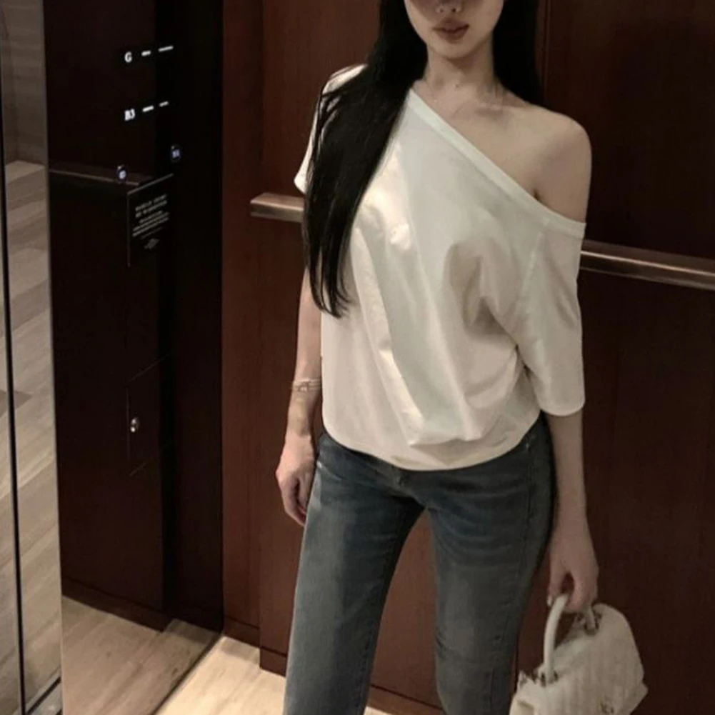 

Polyester Spandex Women's Casual Summer Top with Short Sleeves and Unique Slanted Shoulder Detail Lightweight and Comfortable