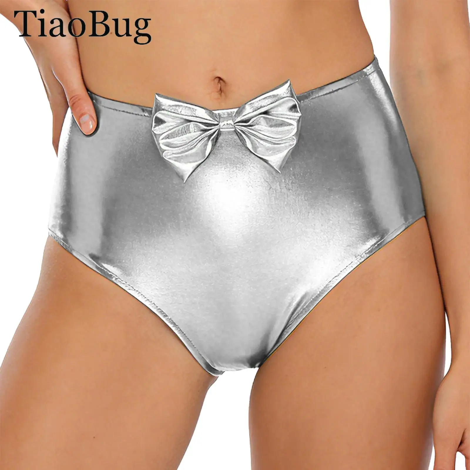 Women Shiny Booty Shorts Iridescent Metallic Briefs Hot Pants Cute Bow Ruched High Waist Music Rave Party Dance Shorts Clubwear