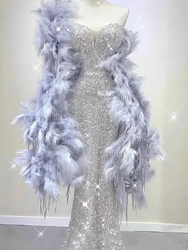 Luxury Sequined Sleeveless Feather Beading Mermaid Evening Dresses Birthday Party Prom Gowns Customized