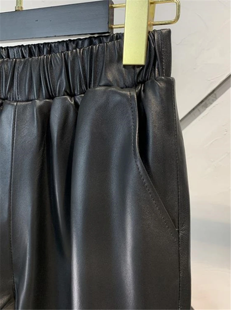 Herbst Neue Schaffell Leder Hosen Frauen Zip Hit Farbe Elastische Taille Dünne Gerade Hosen Echte echtem Leder Knöchel Länge Hosen