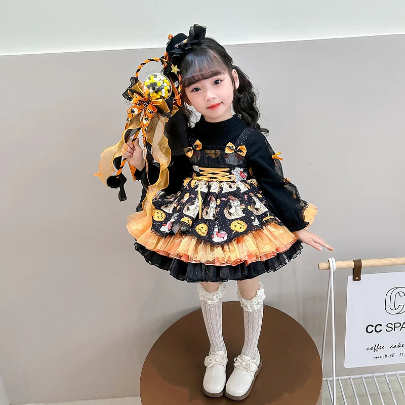 Urocza Lolita Halloweenowa Spódniczka do Tańca dla Dziewczynek Dziecięca Jesienno-Zimowa Kostium Cosplay Bufiaste Spódnice Słodkie