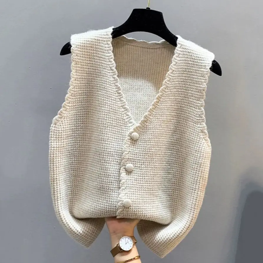 

Solid Color Knitted Vest Women's V-Neck Korean Style Sleeveless Lace Edge Top Single-Breasted Female Versatile Cardigan Tank