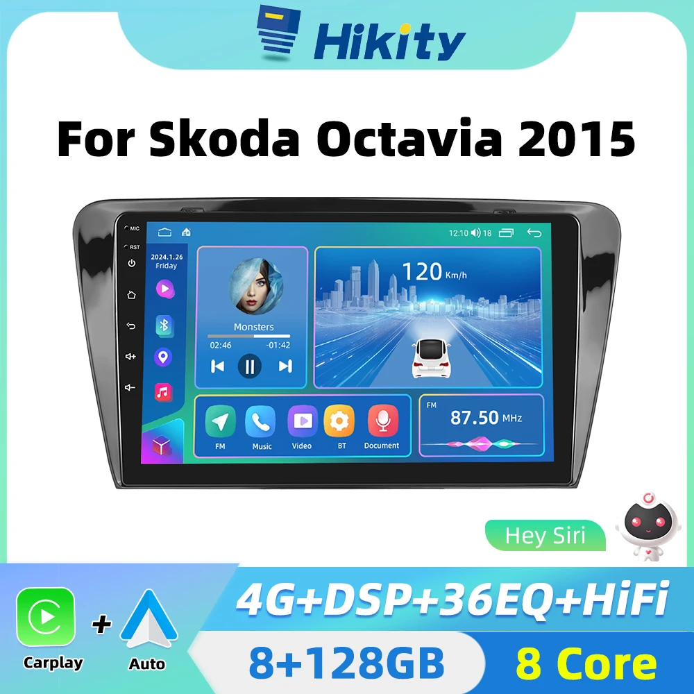 Hikity  8Core Android 2 din Car radio Player For Skoda Octavia 2015 Carplay Android Auto Stereo Radio GPS DSP