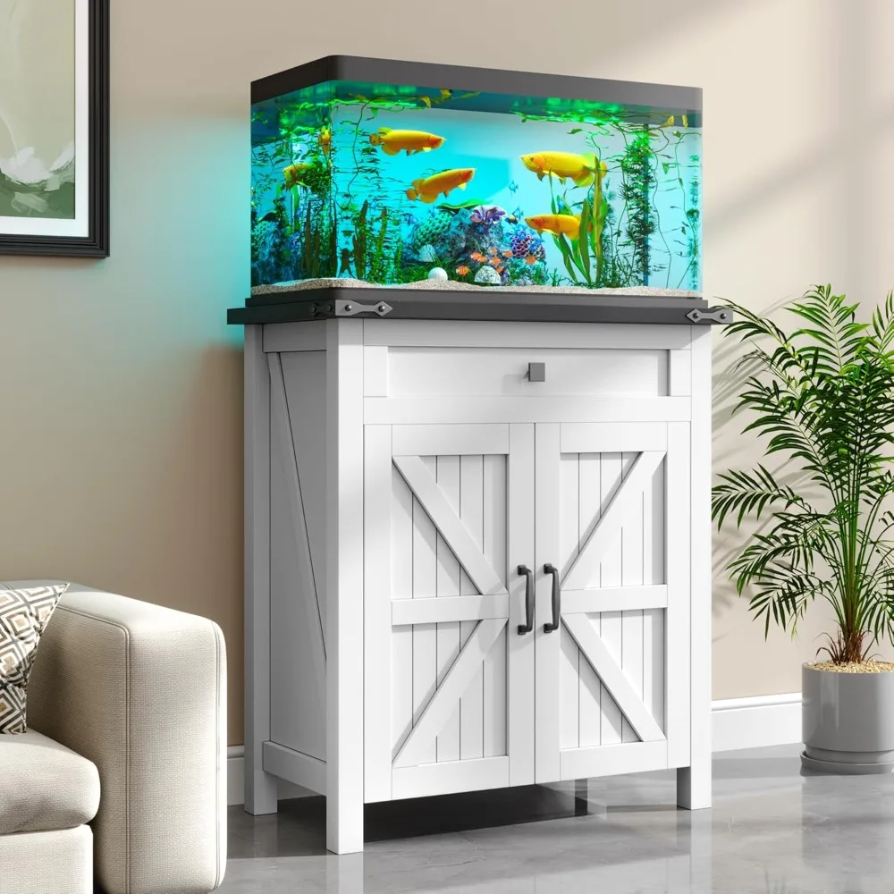

20 Gallon Fish Tank Stand with Power Outlets, Farmhouse Decorative Aquarium Stand Furniture with Adjustable Shelves and Storage