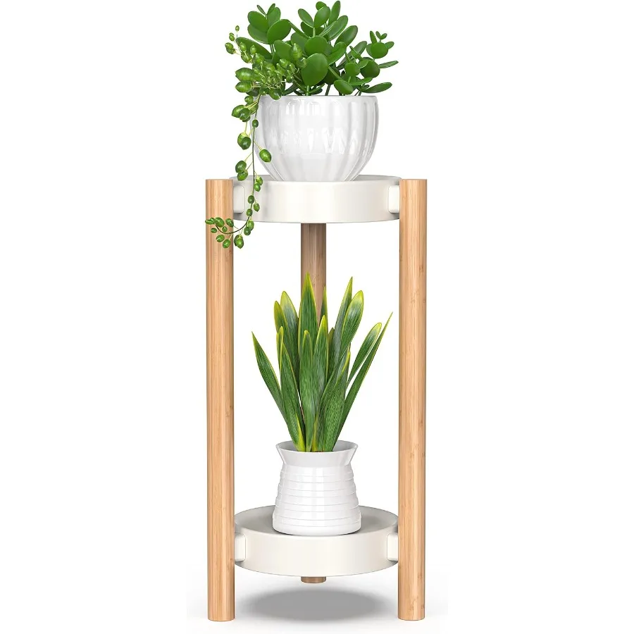 

Бамбуковые подставки для растений, 2-уровневый стальной поднос, высокий угловой держатель для растений, стеллаж для выставки товаров растений для наружного сада, дома 2