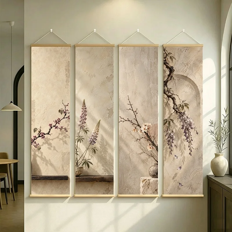 Wall Decorations Lupine Plumeria Wisteria Cherry Blossom and Redbud, Wabi Sabi Floral Pearlescent Canvas Scroll for Tea Room