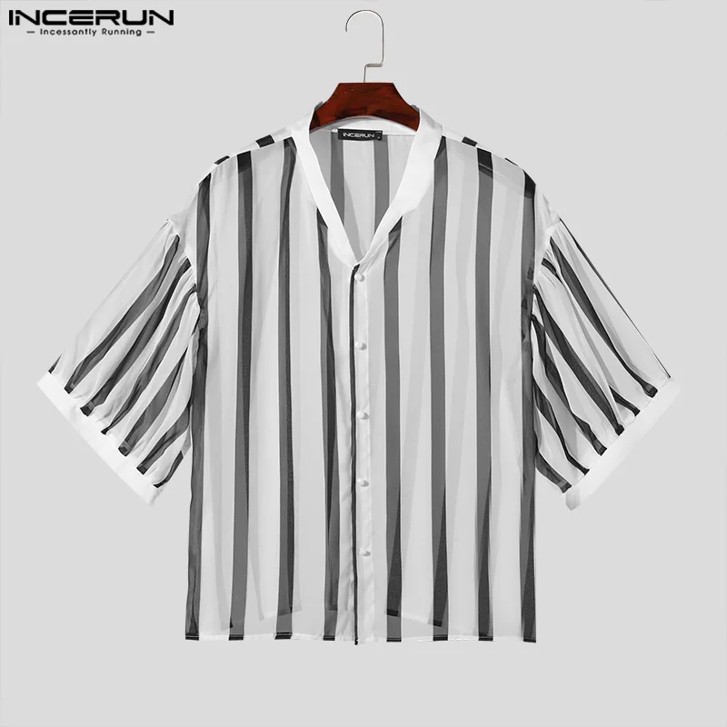 INCERUN Tops 2024 Korean Style Men\'s Black&White Chiffon Striped Shirts Casual Street Simple V-neck Medium Sleeved Blouse S-5XL