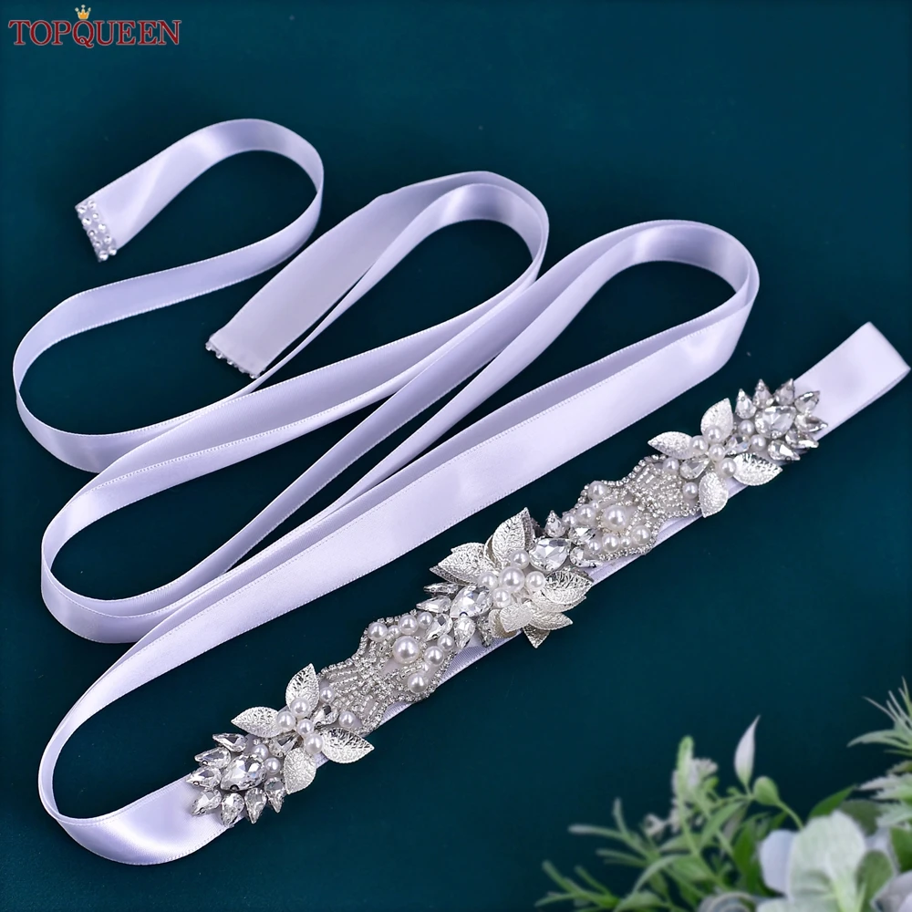 TOPQUEEN Handmade Bridal Belt Wedding Accessories Silver Alloy Leaves Pearl Rhinestone Sash Women'S Evening Dress Girdles S65