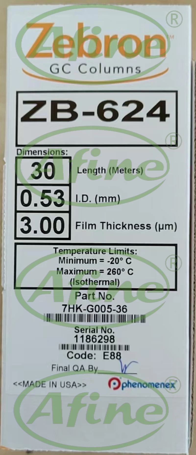 Afine-phenomenex 7hk-g005-36ゼブロンzb-624、キャップ、30m x 0.53mm x 3.00 ea