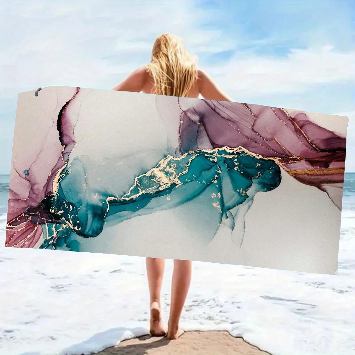 1pc Large Marble Print Beach Towel, Oversized, Super Absorbent, Fine Fiber, Perfect For Children, Men, Women, Boys, Girls