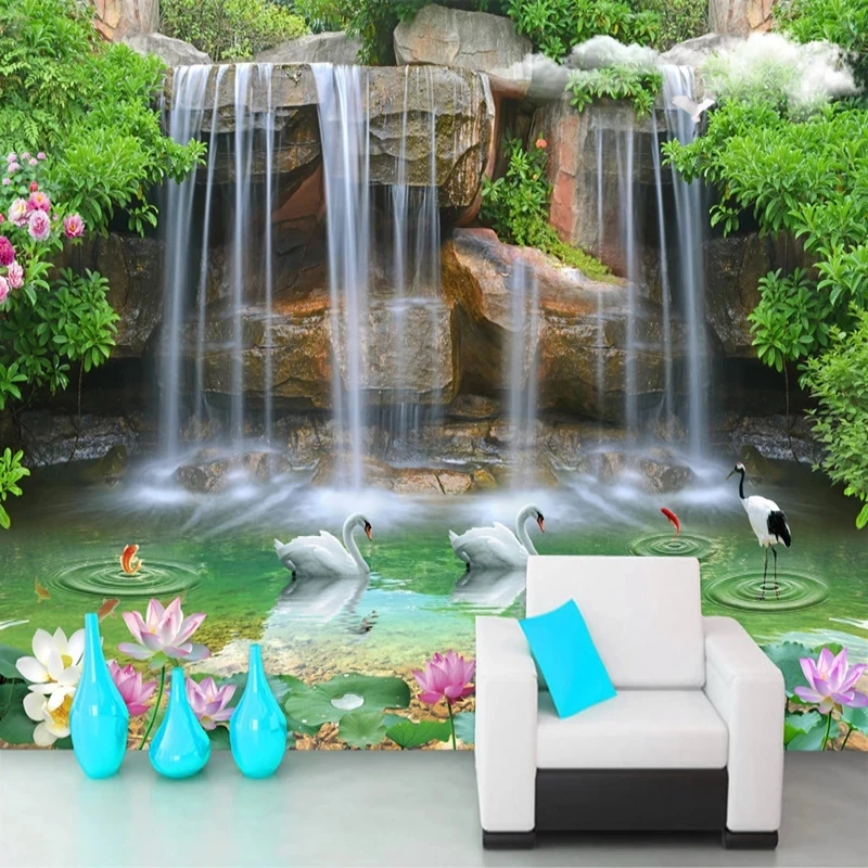 Custom 3D Waterfall Landscape Wallpaper Bedroom Living room sofa TV background wall restaurant Lotus swan fish crane Hotel study