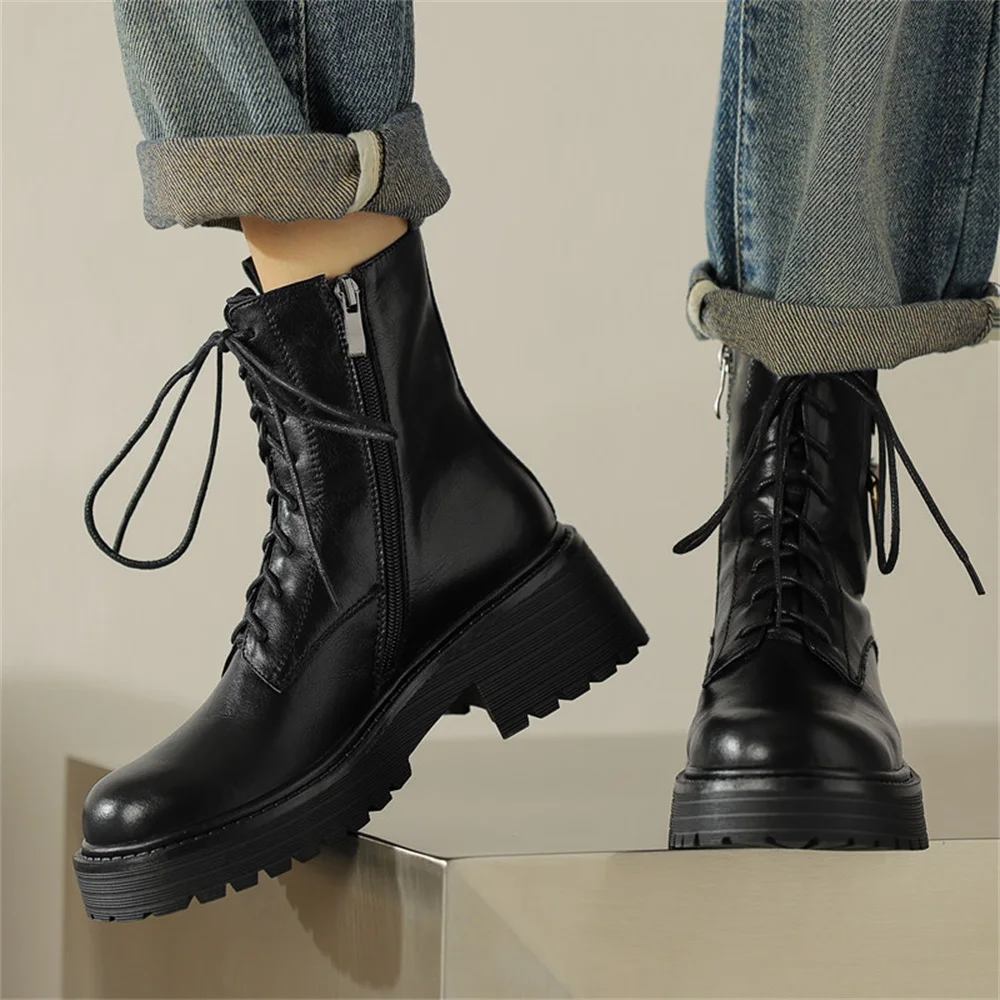 Taoffen Genuine Leather Women Chunky Motorcycle Boots 2023 Chic Low Heel Ankle Booties Buckle Lace Up Knight Boots With Zipper