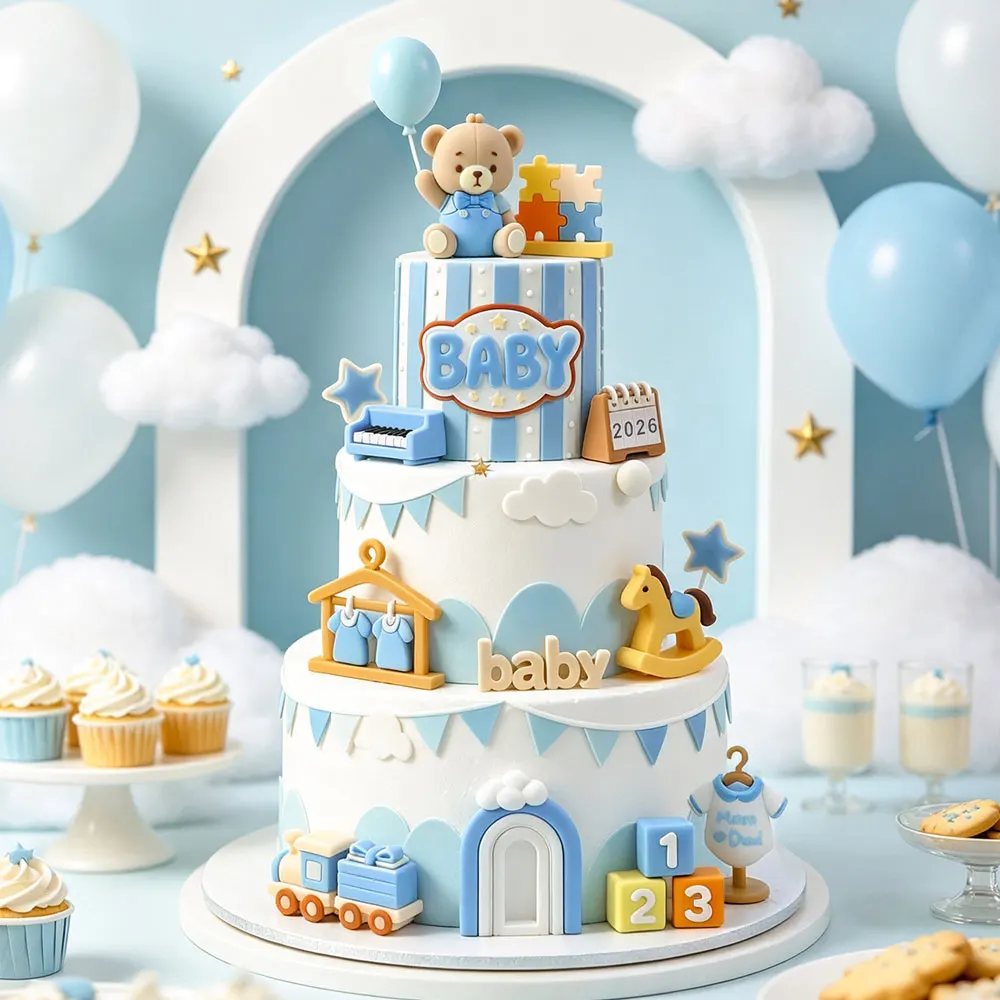 Blue Cake Toppers for Boys Baby Shower 3D Bear Trojan Horse Jumpsuit Train Building BABY Blocks for Birthday Cupcake Cake Decor