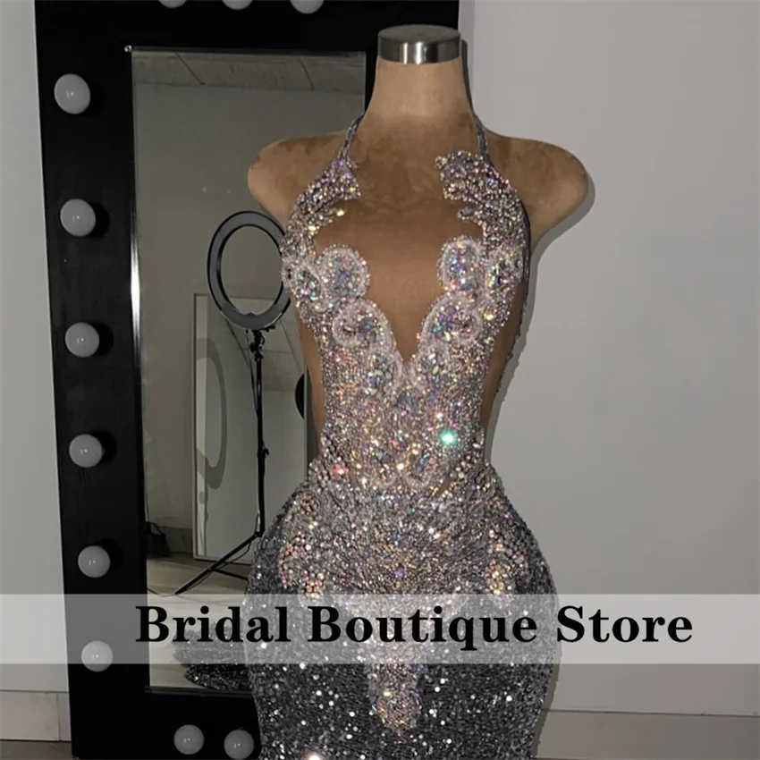 New Arrival 2026 Sparkly Silver Diamonds Mermaid Prom Dress Halter Rhinestones Wedding Party Birthday Evening Gown Customized