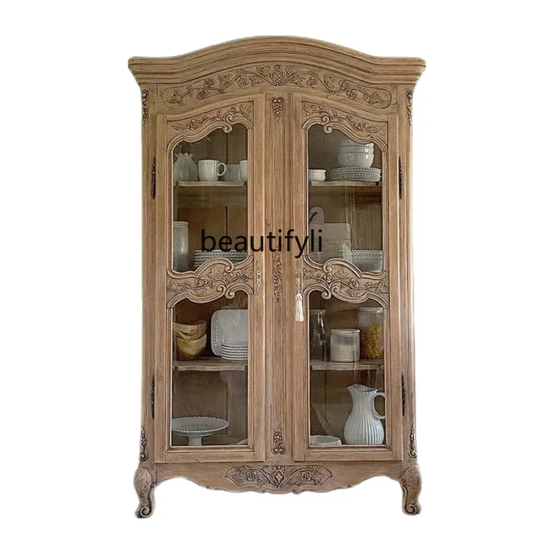 French retro old oak carving American country, bookcase classic solid wood, display, decorative cabinet