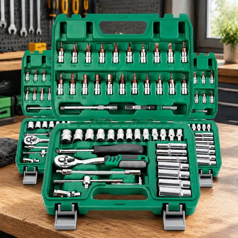 46-Piece Auto Repair Kit with Green Ratchet Tools for Vehicle Maintenance
